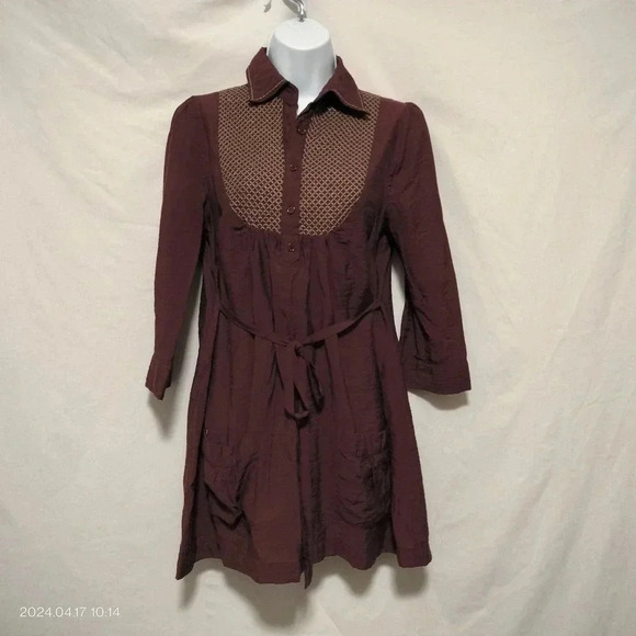 MINE size Medium Long Sleeves Smock Bodice Button Up Mini Belted Dress Burgundy - Picture 2 of 8